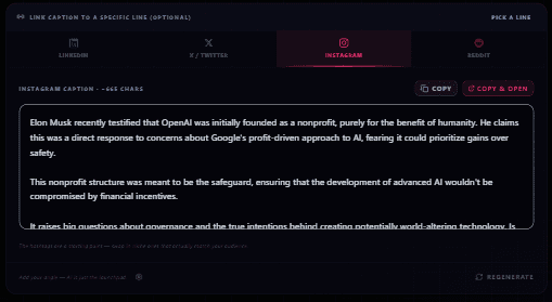 Generate platform captions from the same source-backed material as your visuals. product workflow