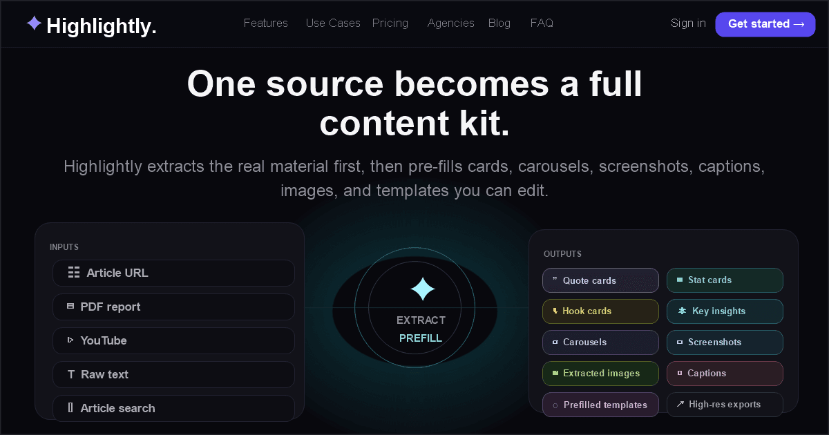 Highlightly landing page screenshot showing source-to-social positioning