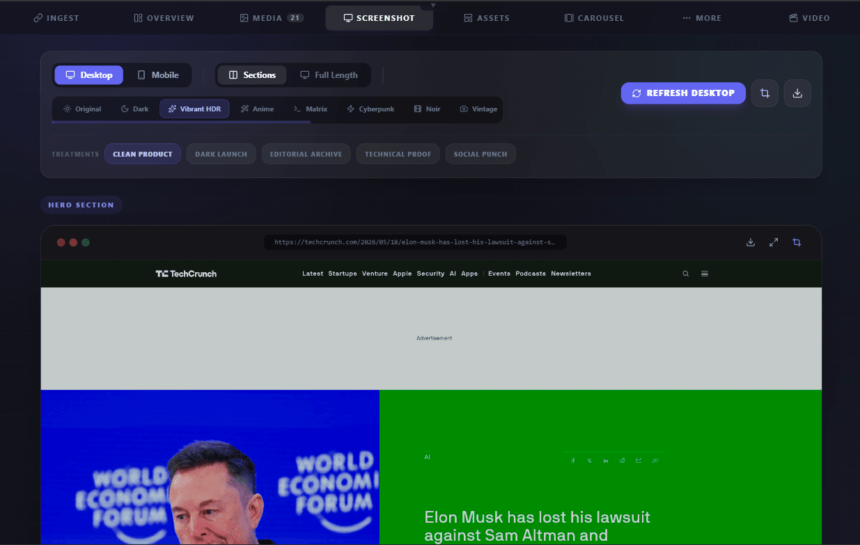 Highlightly desktop screenshot with source-backed social asset workflow