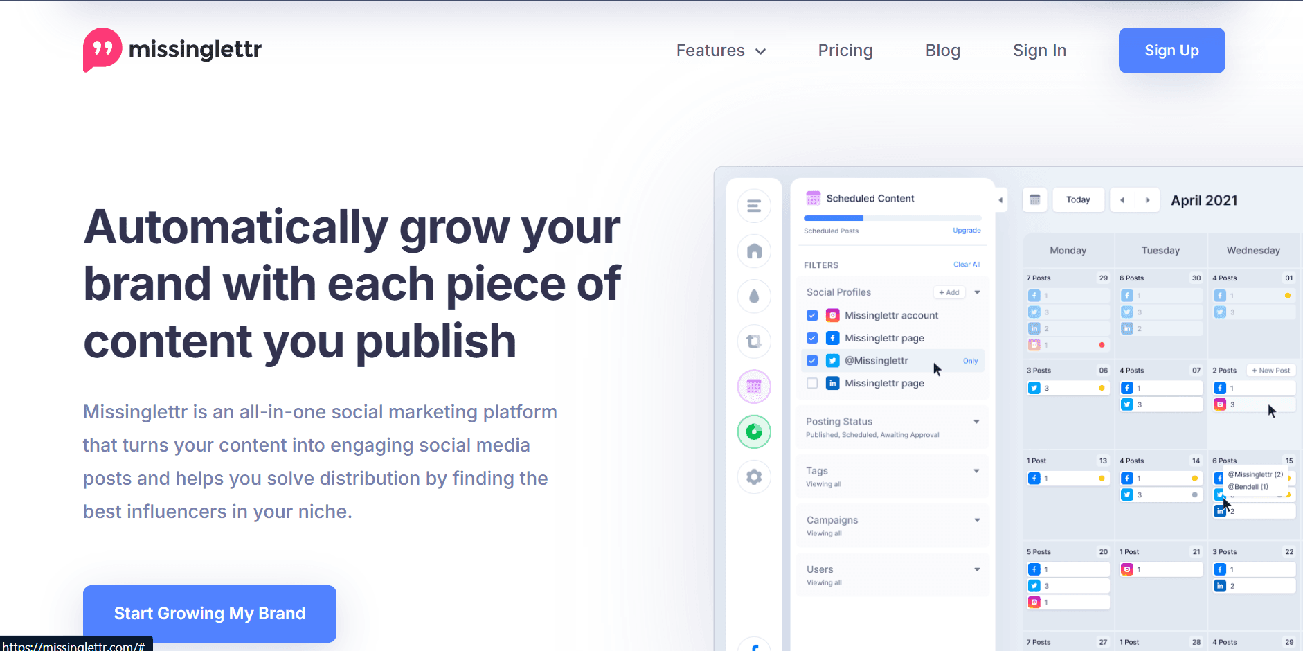 Missinglettr landing page screenshot used in a comparison with Highlightly