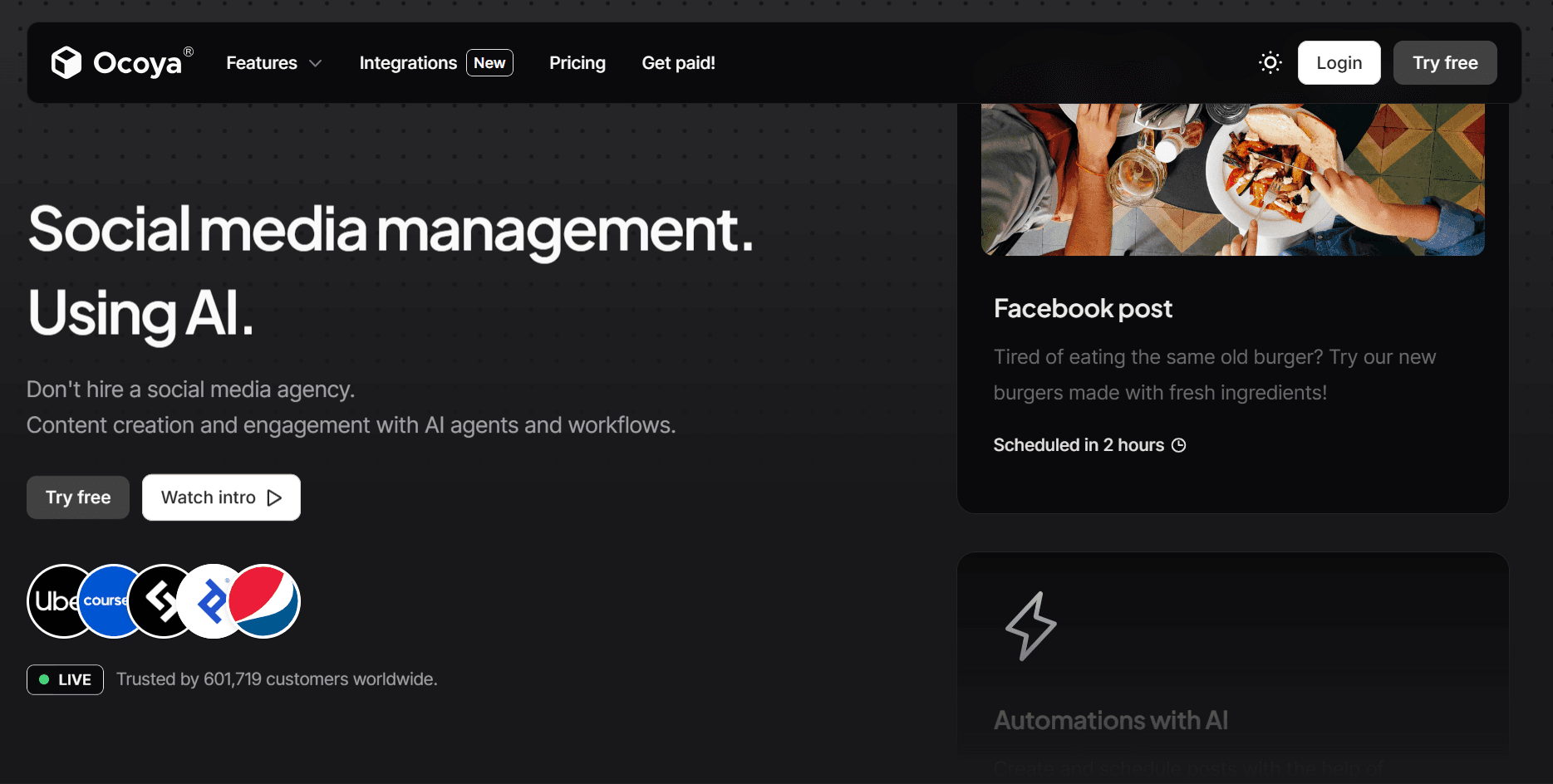 Ocoya landing page screenshot used in a comparison with Highlightly