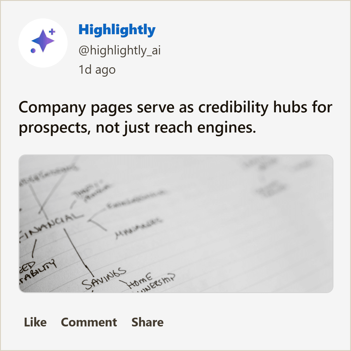 LinkedIn company page post mockup describing company pages as credibility hubs