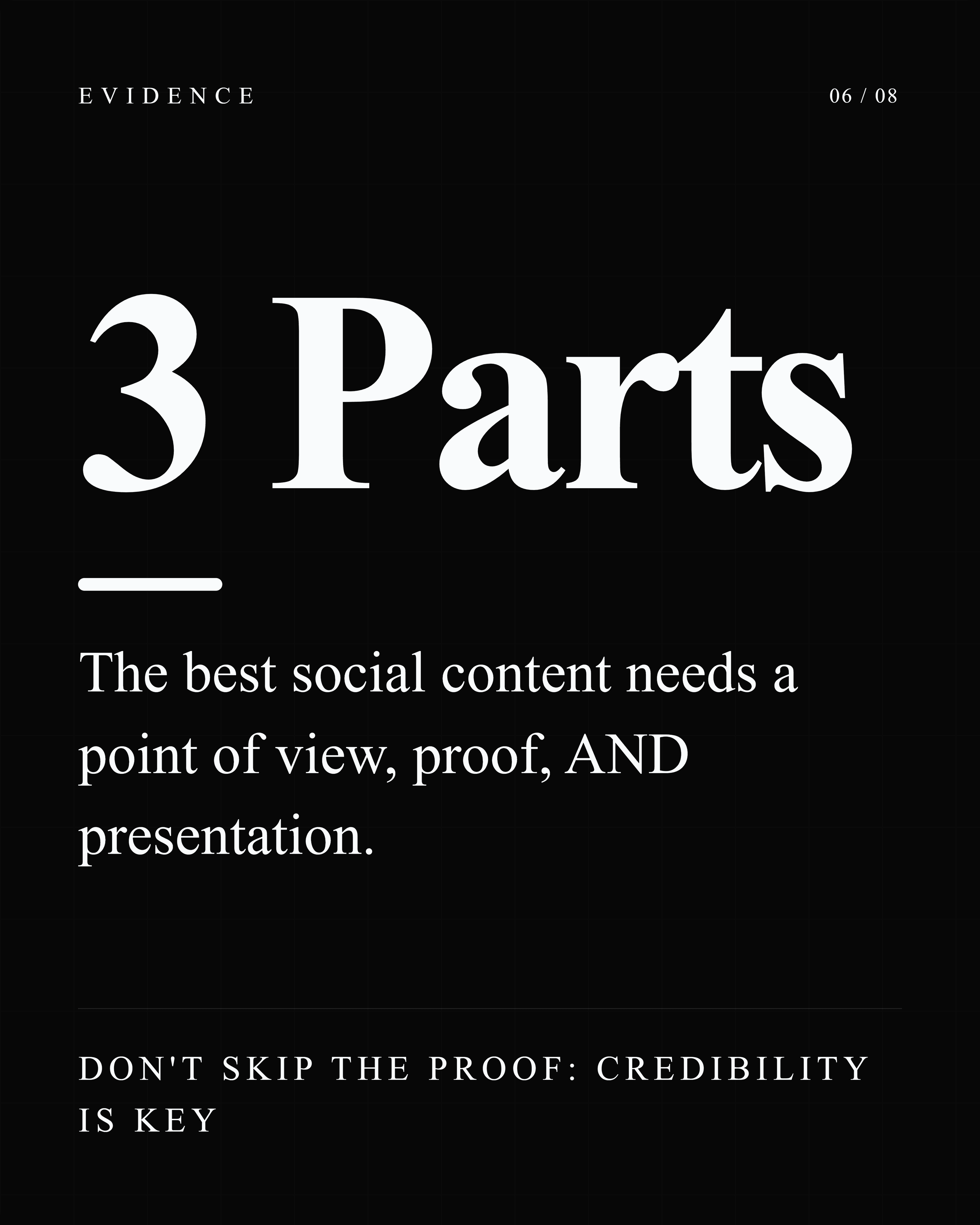 Graphic explaining the three parts of strong social content: point of view, proof, and presentation