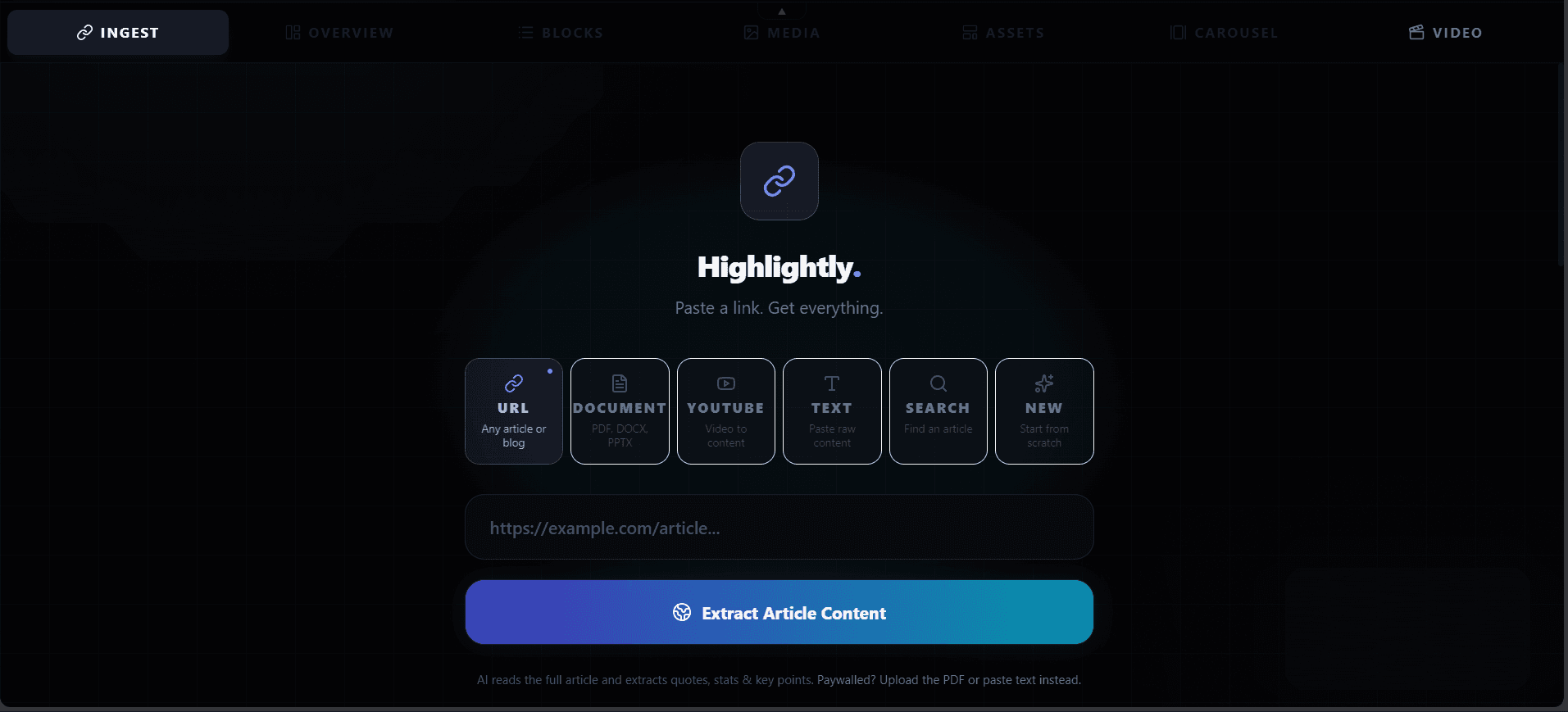 Turn one article into source-backed social posts, visuals, and captions. product workflow