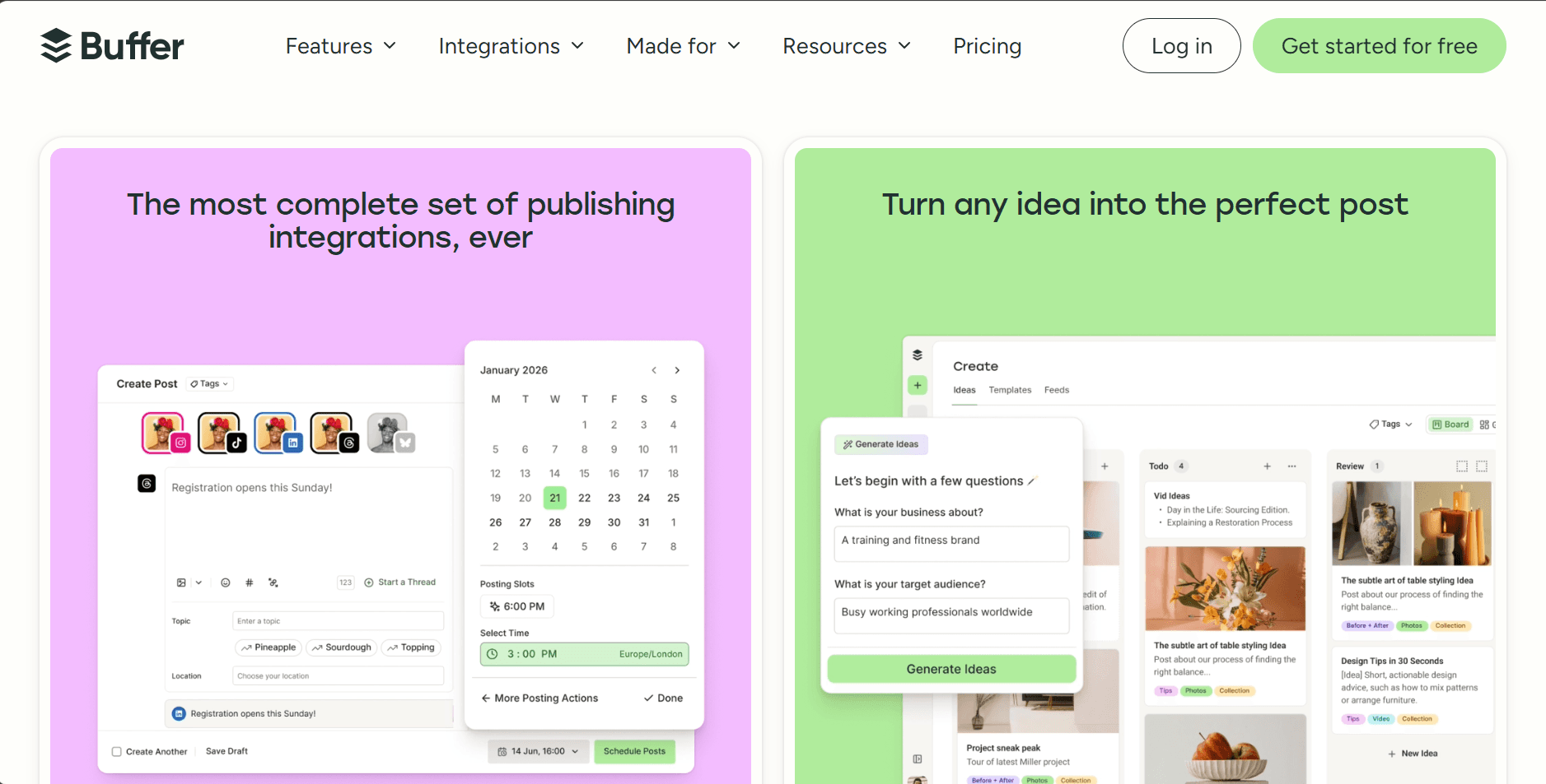 Buffer landing page screenshot used in a comparison with Highlightly
