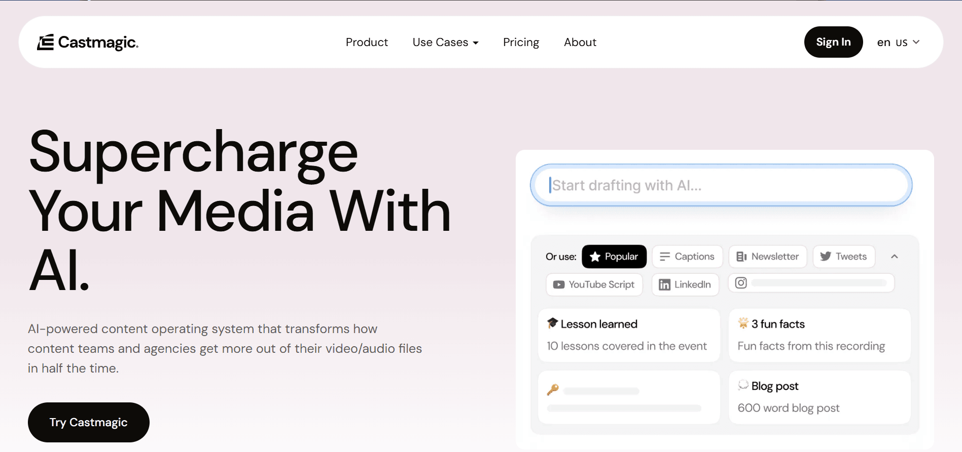 Castmagic landing page screenshot used in a comparison with Highlightly