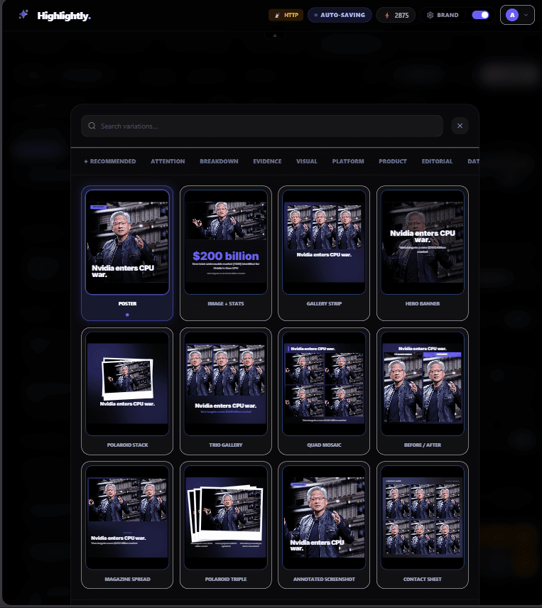 Highlightly prefilled template options for source-backed social graphics
