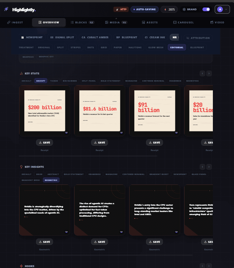 Highlightly quote and stat card templates generated from source material