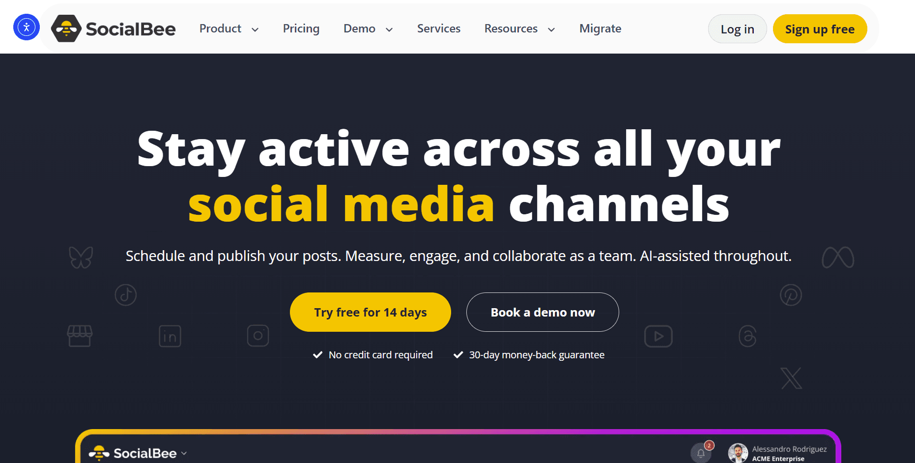 SocialBee landing page screenshot used in a comparison with Highlightly