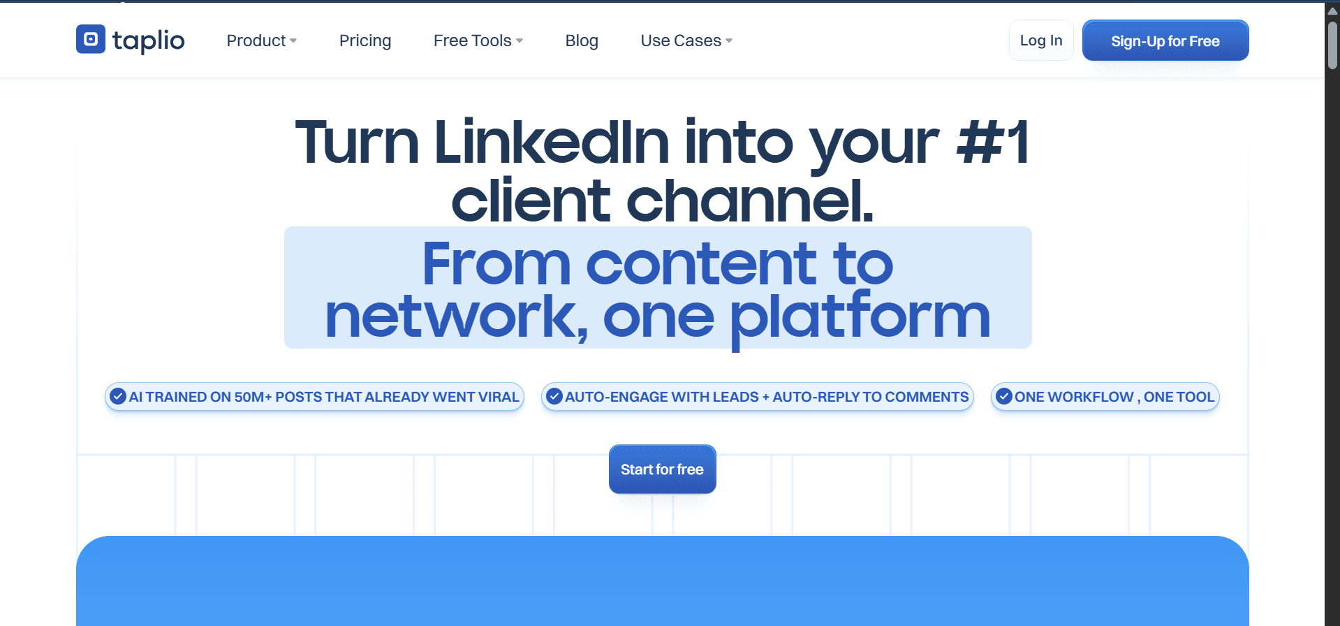 Taplio landing page screenshot used in a LinkedIn content workflow comparison