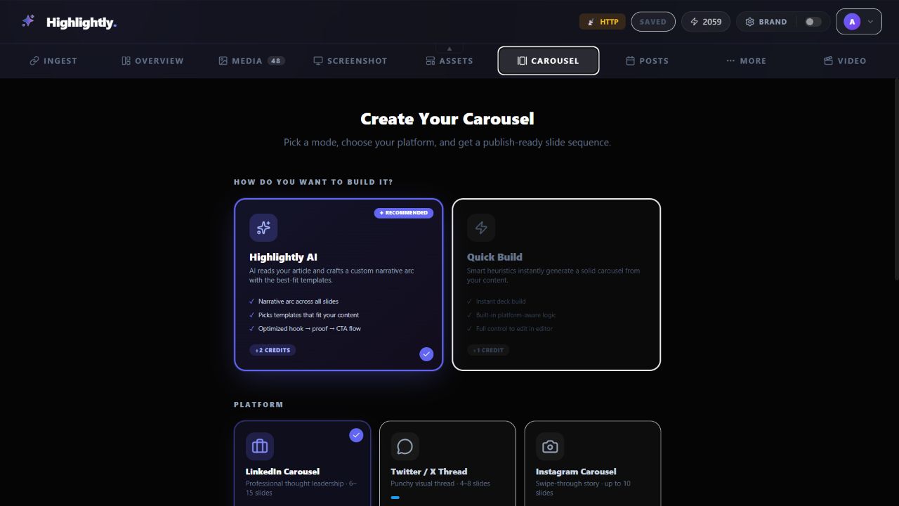 Highlightly carousel builder for turning extracted material into a slide sequence