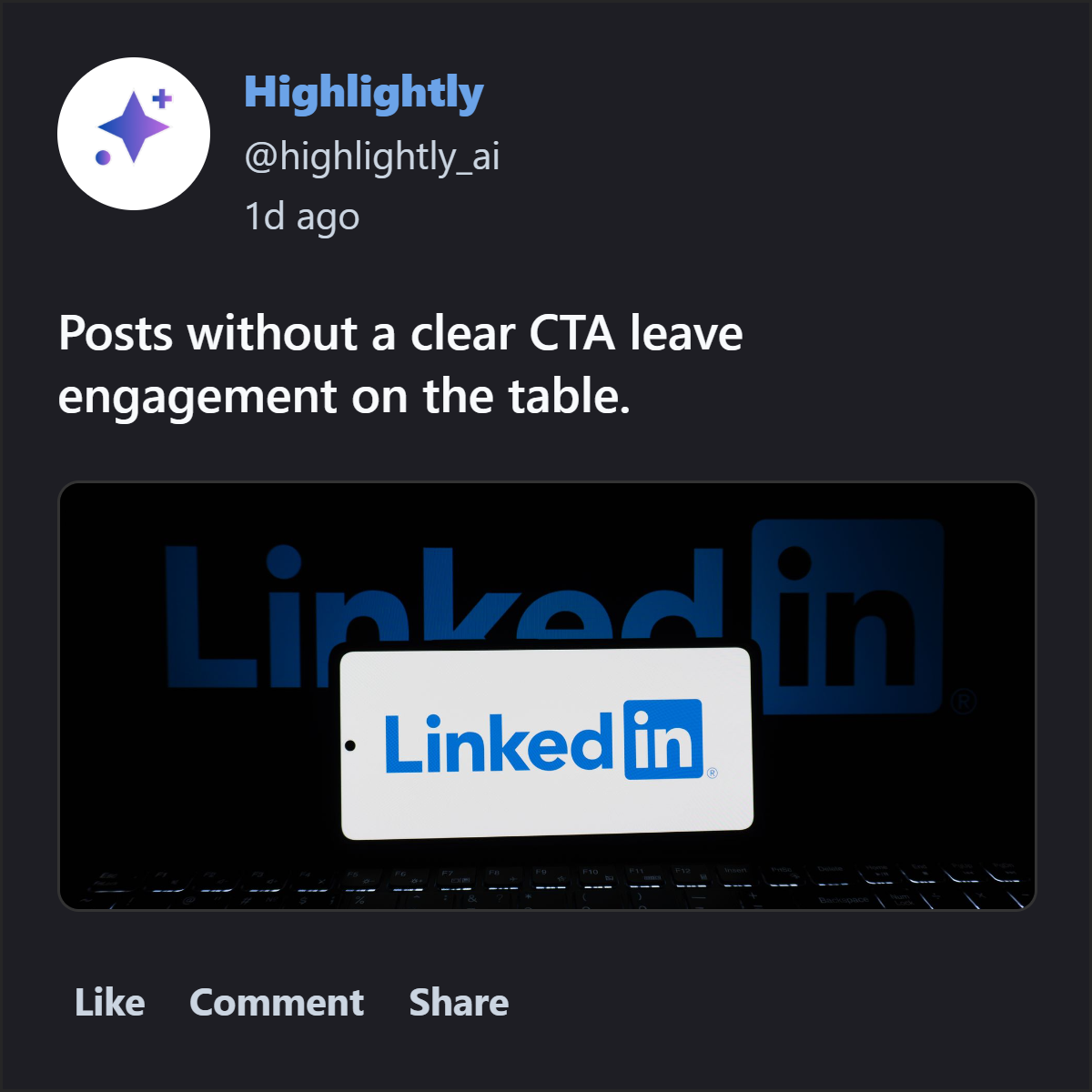 LinkedIn post mockup saying posts without a clear CTA leave engagement on the table