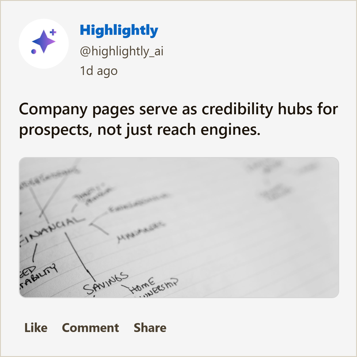 LinkedIn company page post mockup describing company pages as credibility hubs