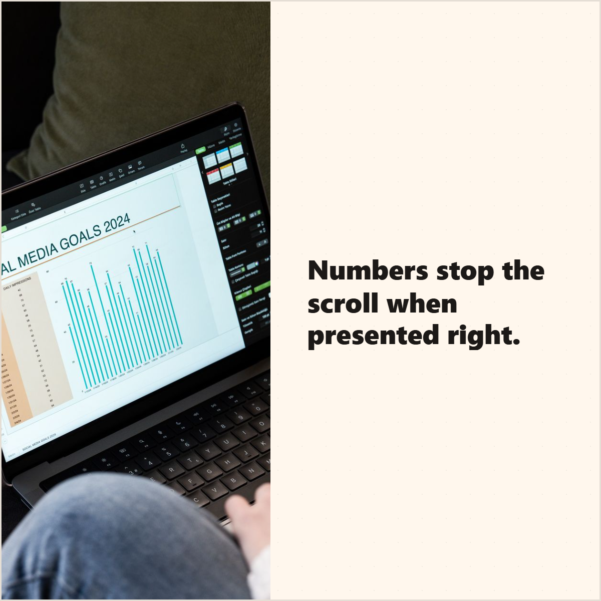 Square stat card example explaining that numbers stop the scroll when presented right