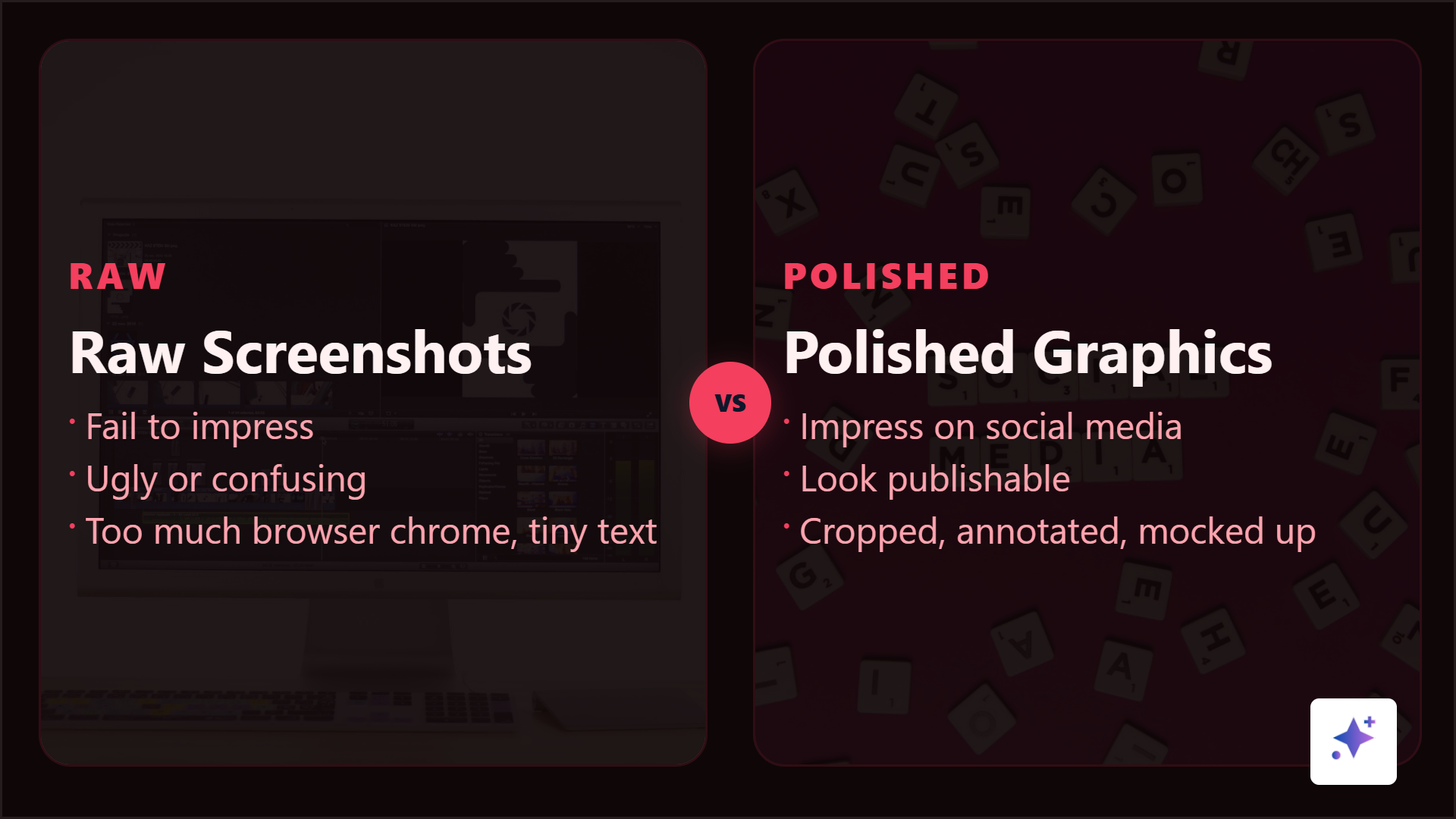 Screenshot social graphic comparison showing raw versus polished proof presentation