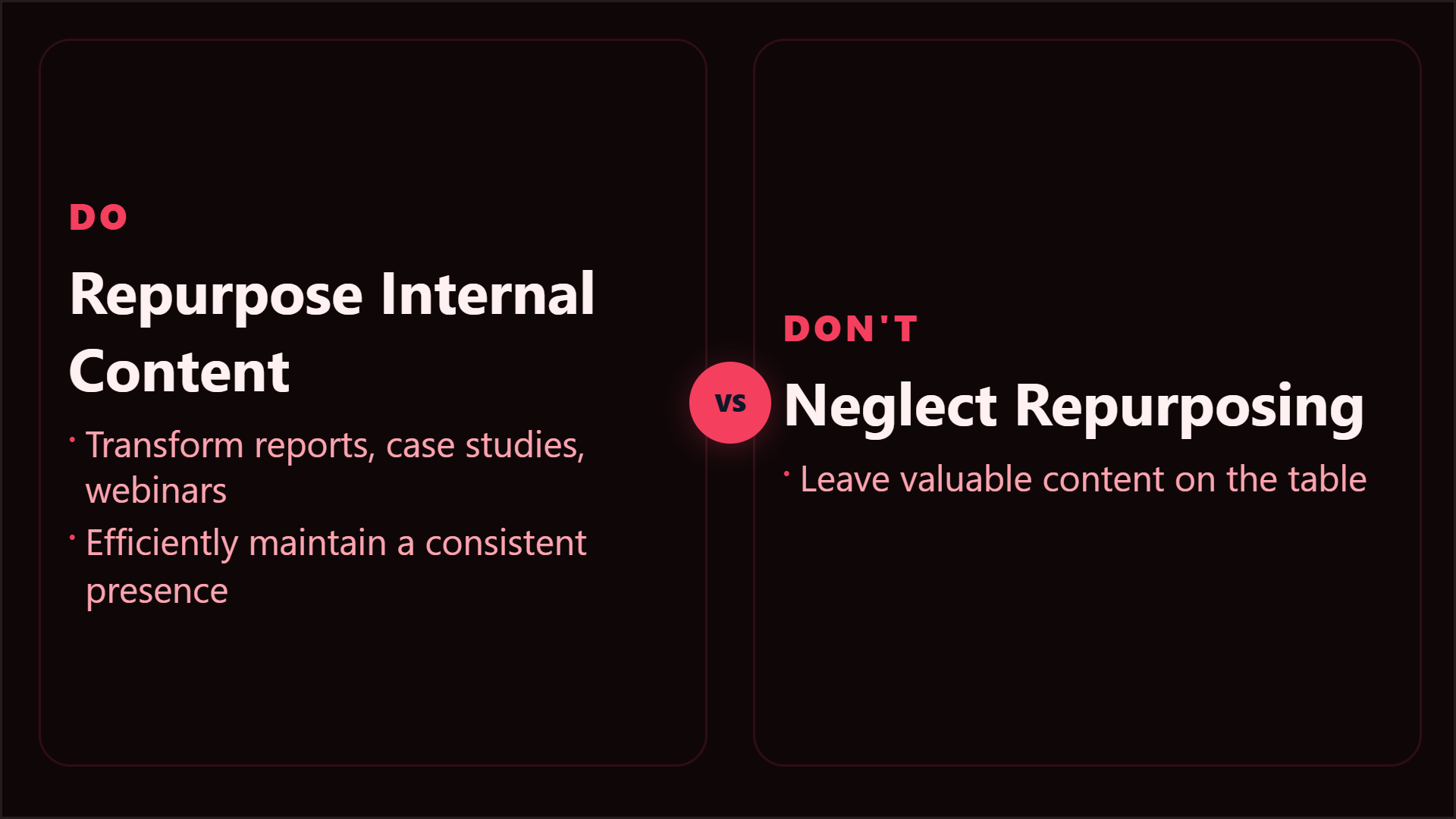 Do versus do not comparison showing B2B teams should repurpose internal reports, case studies, and webinars instead of neglecting existing content