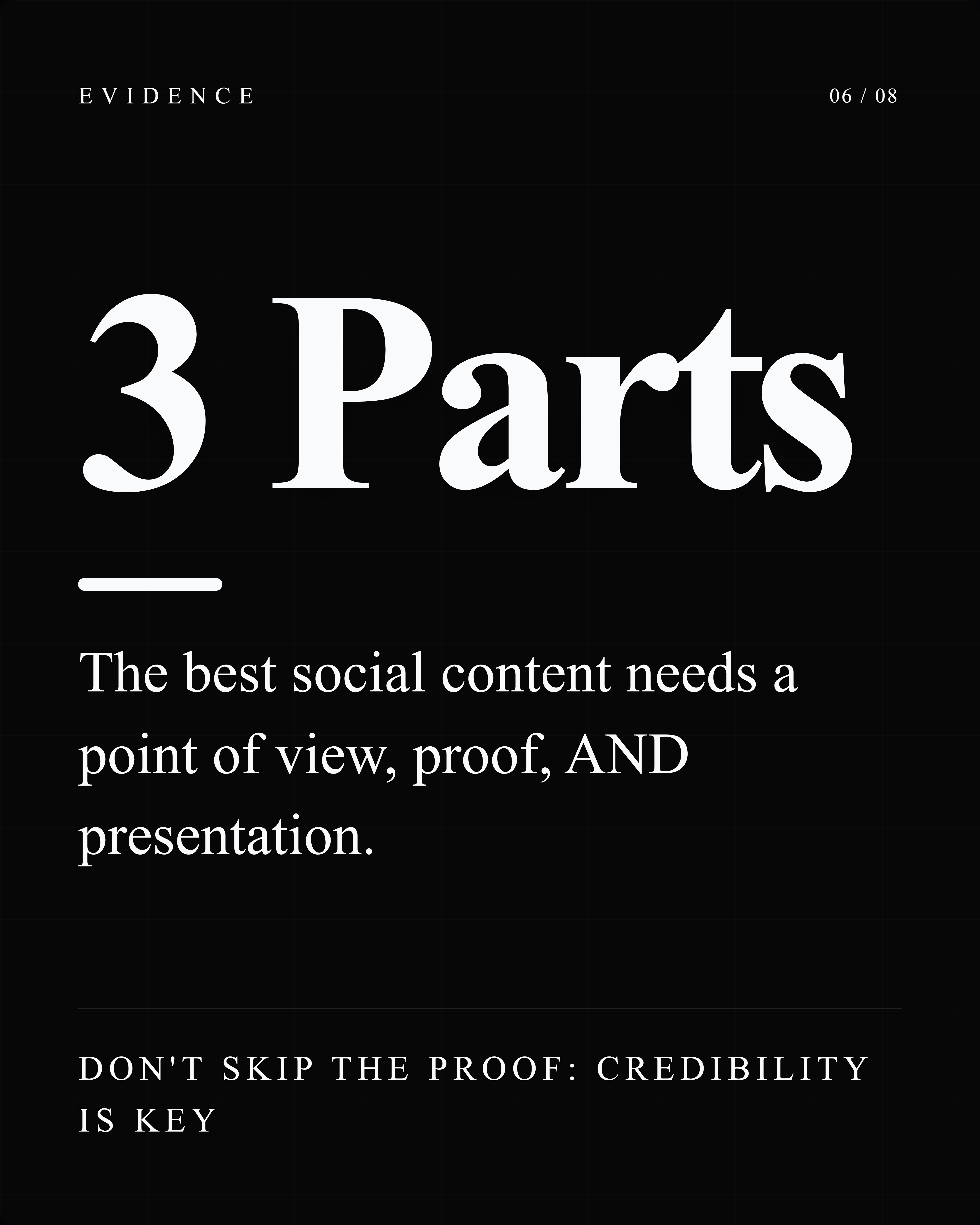Graphic explaining the three parts of strong social content: point of view, proof, and presentation