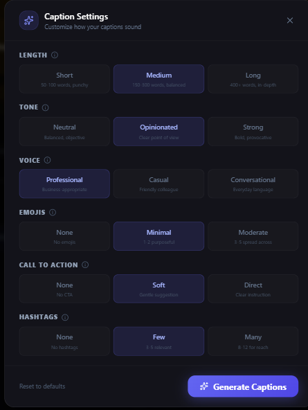 Caption generation settings