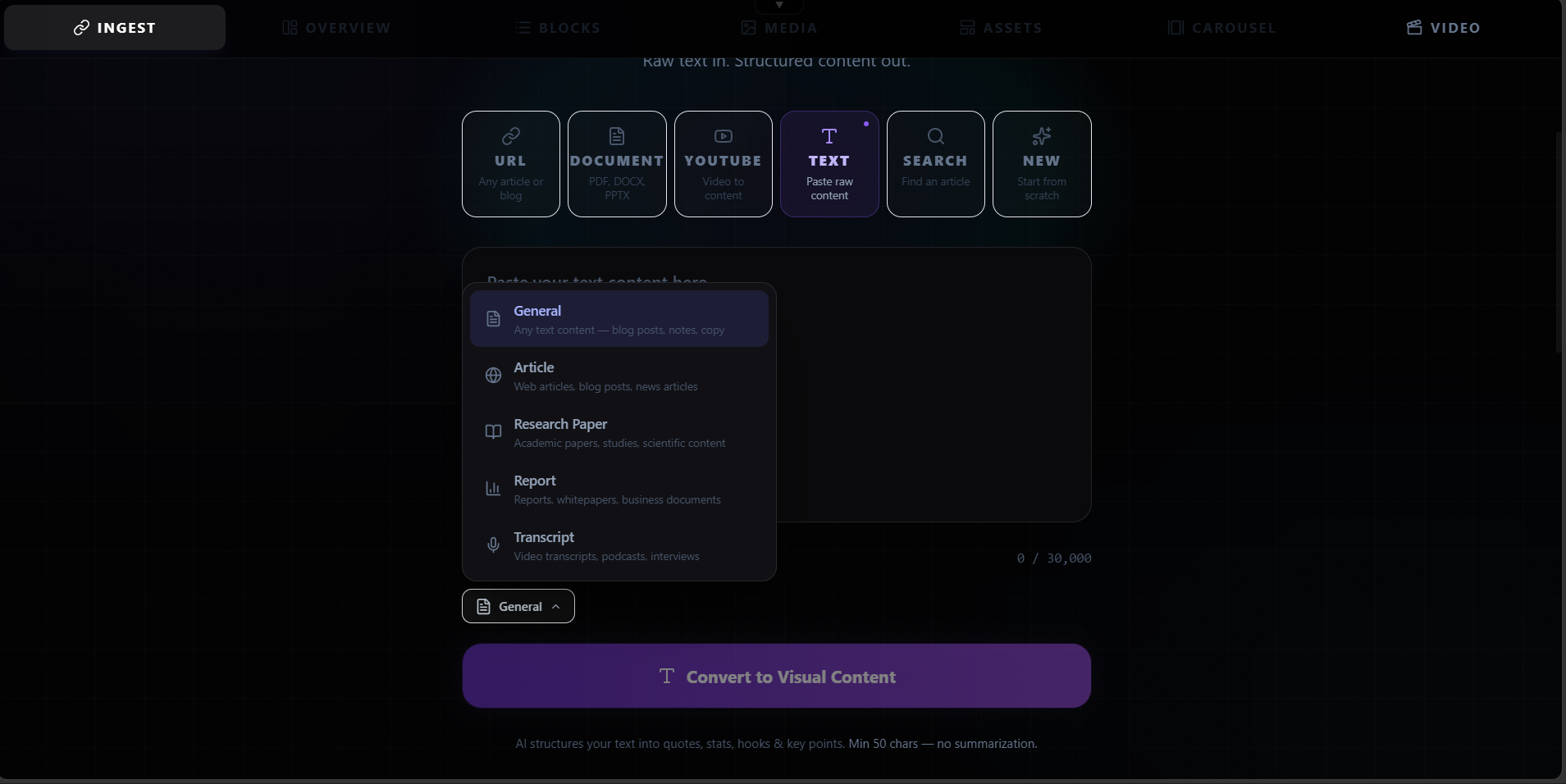 Article search interface for finding content to repurpose
