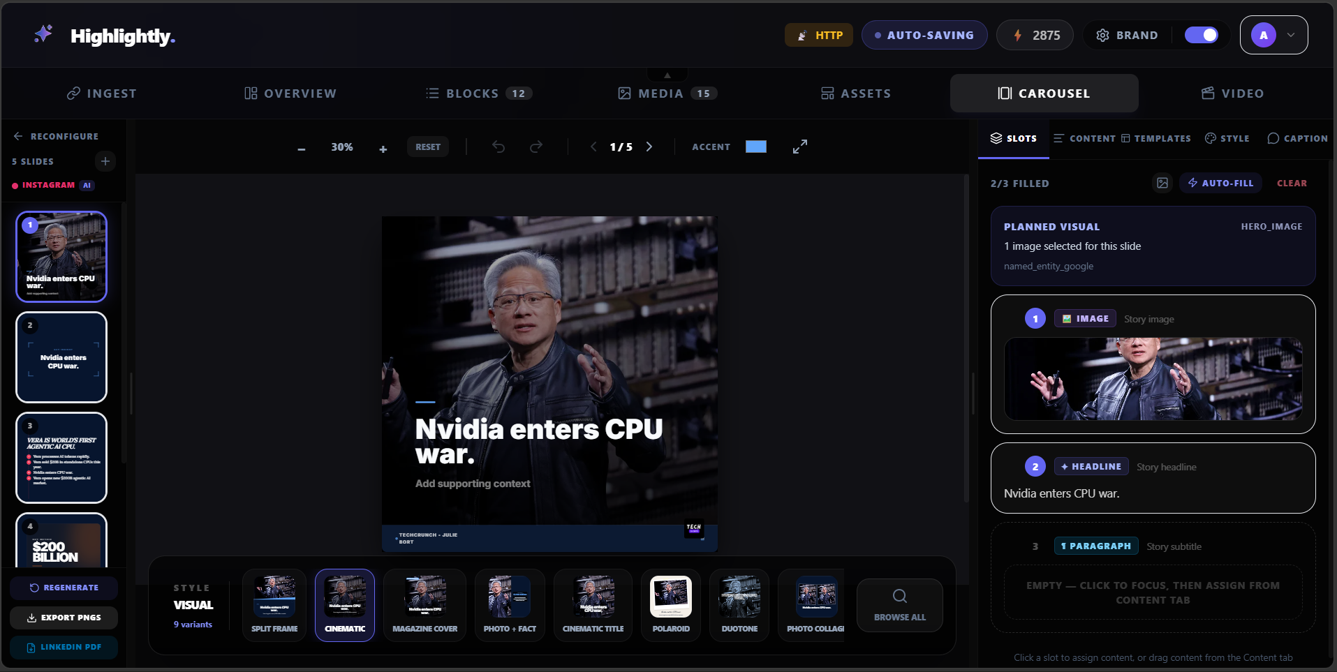 Highlightly carousel workspace for creating source-backed visual content