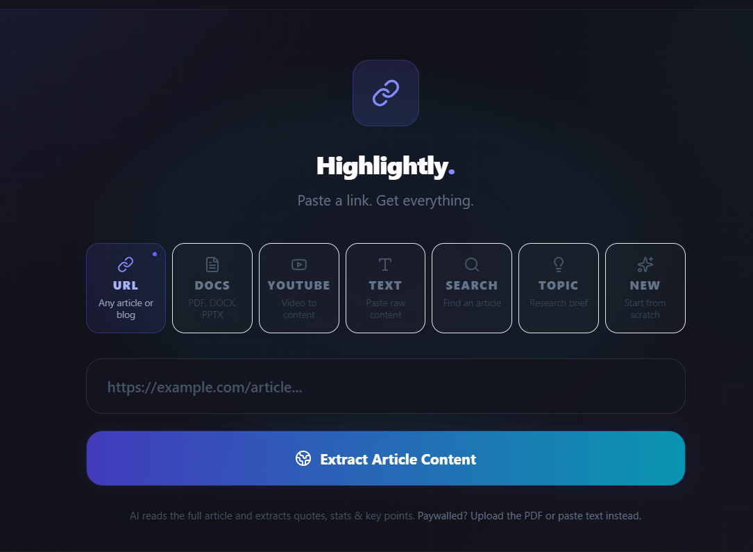 Highlightly ingestion modes for article and document inputs