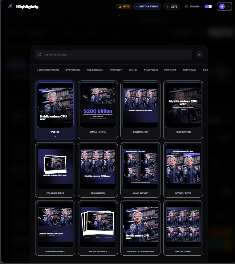 Highlightly prefilled templates for social media asset creation