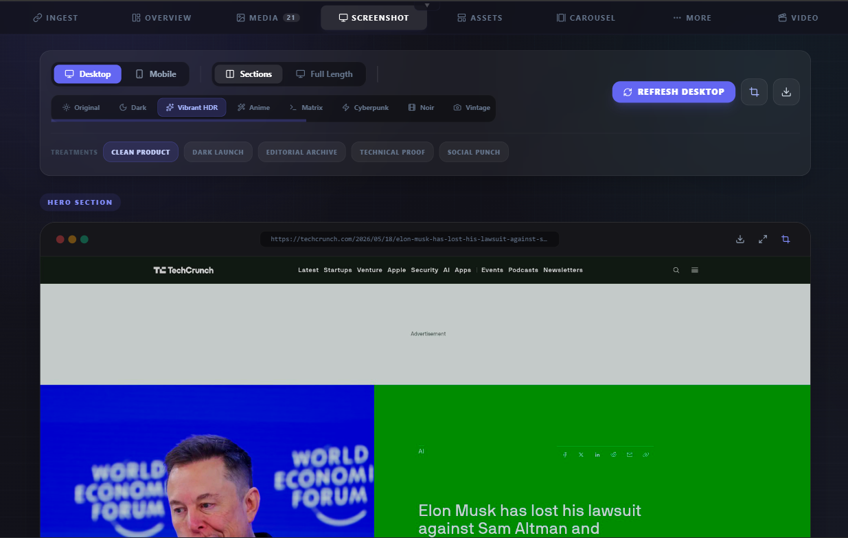 Highlightly desktop screenshot with source-backed social asset workflow